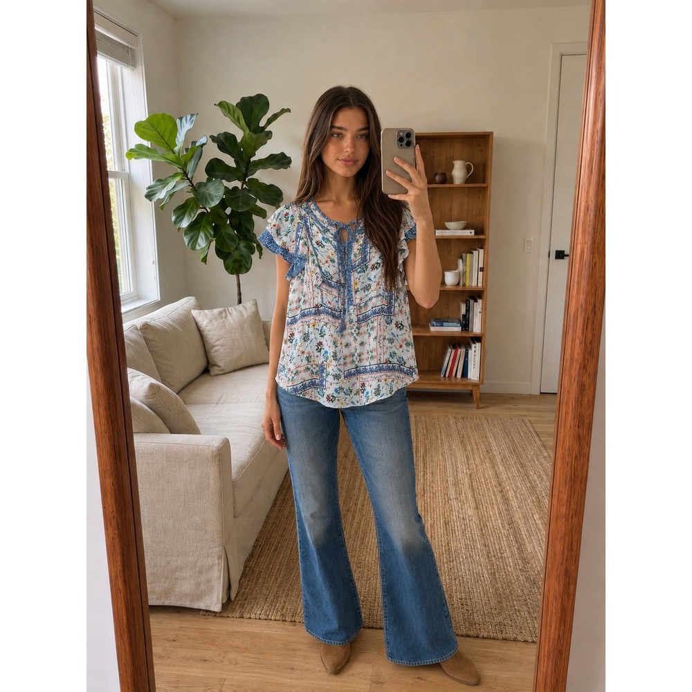 Jane + Delancey Floral Blouse Medium White‎ Ruffle Flutter Sleeve Boho Cottage